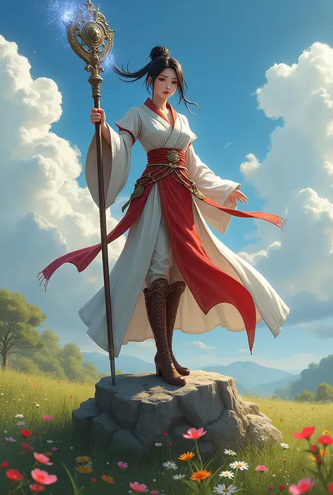 In RPG style, in style of Dungeons & Dragons, in style of fantasy painting. Full body view, looking at the viewer. image of a korean female mage with magical metal staff, high boots, short ponytail hairstyle. Standing with one foot on a rock, Blossoming Pr...