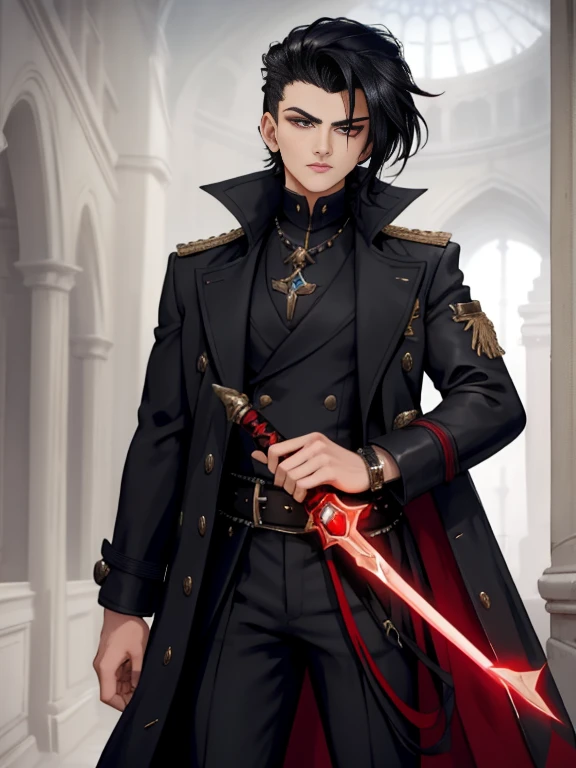 Imagine a lone, black-haired warrior on a barren, desert planet. He wears realistic, futuristic armor in black, crimson, and deep red, incorporating luxurious fabrics like velvet, silk, and leather in precise cuts. Leather jackets and tailored blazers blen...