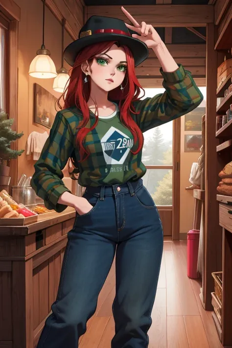 a young adult woman, Wendy Corduroy from the Disney+ series Gravity Falls, tall and slender, with green eyes, pale skin, long red hair, wearing a brown and black lumberjack hat, a long-sleeved green plaid shirt with the sleeves rolled up, large bust, blue ...