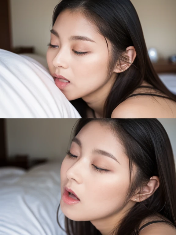 High resolution、8k、20 years old、Beautiful woman、Best Quality、masterpiece、Natural look、((Describe the eyes in detail))、((No makeup))、((incoming kiss))、closed eyes、((Sticking out tongue))、((Open your mouth))、On the bed、