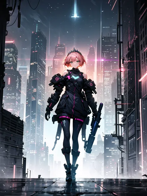 (((masterpiece, best quality, 16k)))A sleek and modern artwork of a cyberpunk female character in a high-tech, futuristic cityscape. The full-body view reveals her clad in black and silver clothes, featuring armored boots, a chestplate, and ornate shoulder...