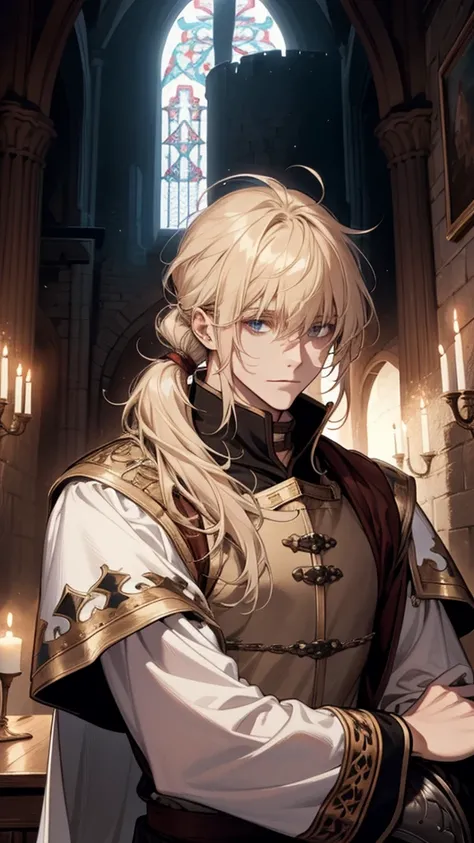 1 male, relaxed, messy blond hair with bangs in a low ponytail, white knight, beautiful, in a castle, medieval fantasy