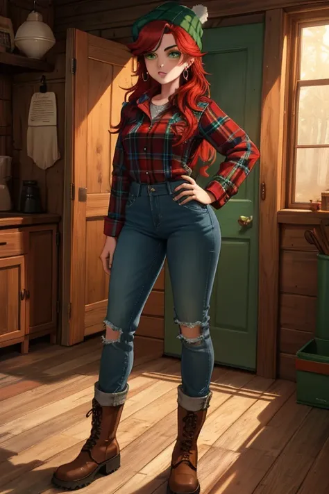 a young adult woman, Wendy Corduroy from the Disney+ series Gravity Falls, tall and slender, with green eyes, fair skin, long red hair, wearing a brown and black Trapper lumberjack hat, a long-sleeved green plaid shirt with the sleeves rolled up, large bus...