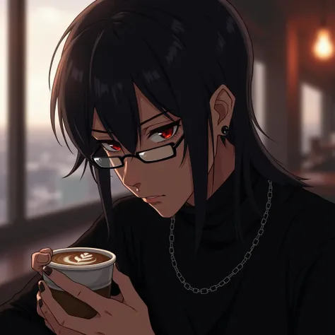 A male with a serious look, looking at you sideways, wears prescription and rectangular glasses, having scarlet eyes and their pupils in vertical, her brown skin with her long straight hair as black as coal, wears a black turtleneck blouse, and a thin chai...