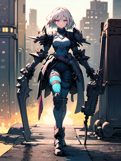 ((Best Quality)), ((Masterpiece)), ((Realistic)) slender, cute girl with medium-length white hair and vibrant purple eyes. She wears a tight-fitting, sleek suit with high-tech boots and chestplates. The outfit includes matching vambraces, all in a futurist...