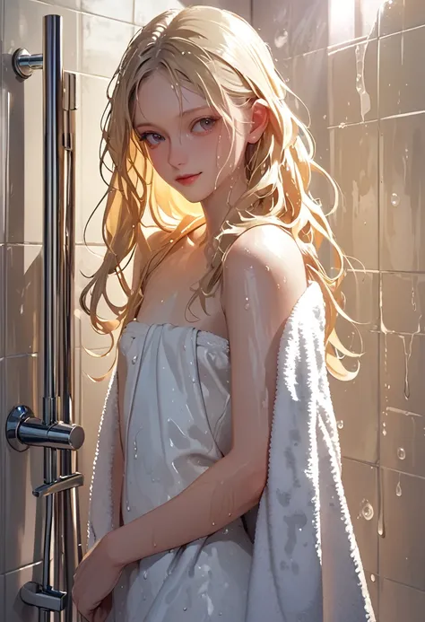 getting out of the shower. (eye contact with camera),(ultra realistic illustration), intimate. pretty 21yo slavic woman, perfect...