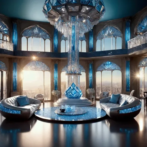 "Create a grand and luxurious living room made entirely of gleaming, pure crystal. Every element of the space—walls, floors, ceilings, and furniture—is sculpted from flawless, translucent crystal that radiates light. Massive crystal windows reflect the sun...