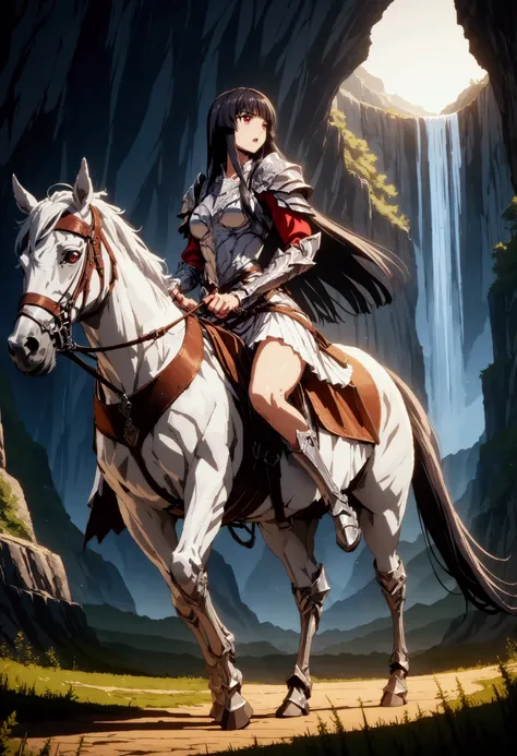 ((best quality)), ((anime masterpiece)), (high detailed), 8k, cinematic lighting, perfect face, a young female knight riding a h...