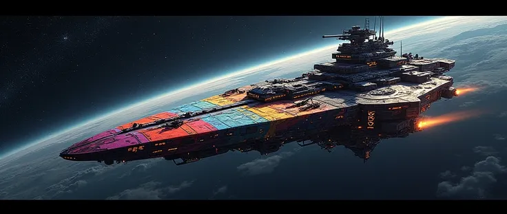 An full image of a long wide giant heavily armored futuristic flying all terrain warship, covered in rainbow batik pattern and glowing javanese runic symbols, multiple turrets, multiple missile banks, VTOL thrusters, retractable center cannon, space backgr...