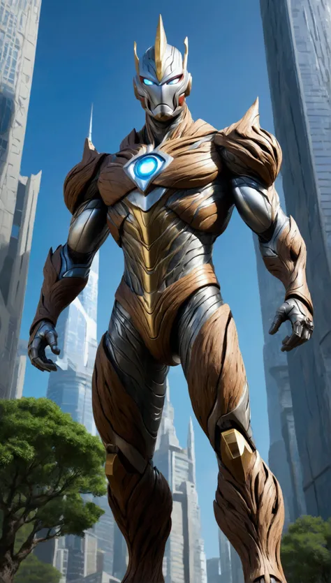 A towering Ultraman-inspired character, muscular and athletic, with tree-like elements similar to Groot. Its metallic armor blends seamlessly with bark textures, and its limbs resemble twisted branches. This giant hero stands amidst a futuristic cityscape ...