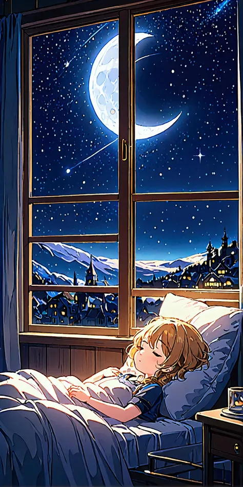 (1girl\(cute, kawaii, small kid, cosmic hair with blue underneath, eyes closed,lying,sleeping in the fluffy bed\), cute girly ro...