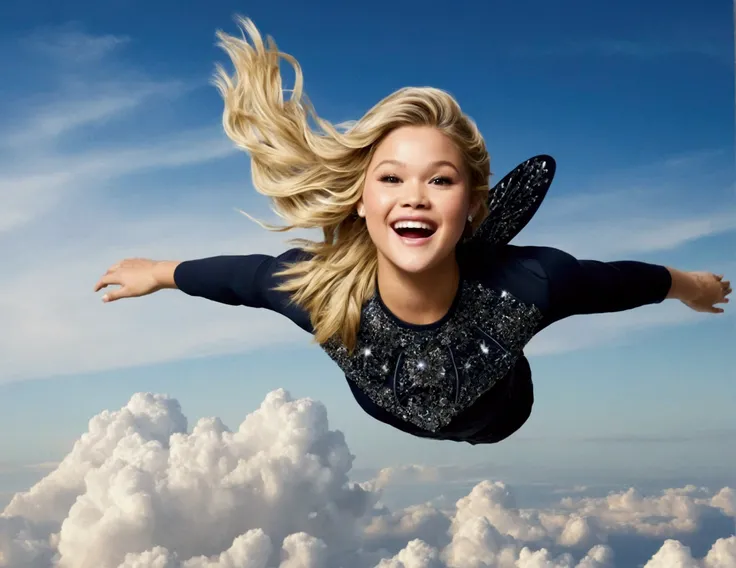 Olivia Holt flying happily and gracefully in the sky