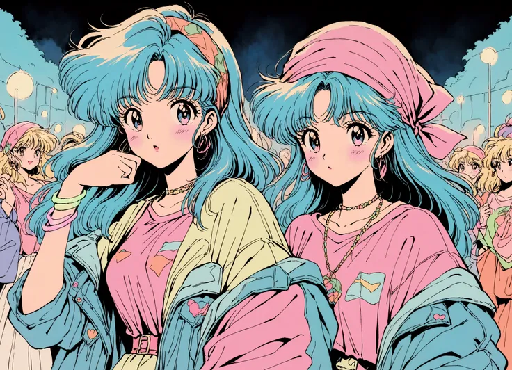 Two beautiful girls、80s anime style, Dancing at a midnight rave,Retro, Lo-Fi, Wearing a bandana and baggy clothes、Many people are dancing wildly、90s rave fashion, Fluorescent Bracelet