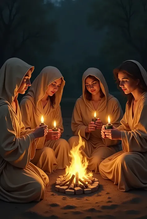 The five wise virgins are carefully filling their lamps with oil, near a bonfire that illuminates their calm and concentrated faces. The Five Fools, next to, are unconcerned, laughing and talking, without worrying about preparing extra oil