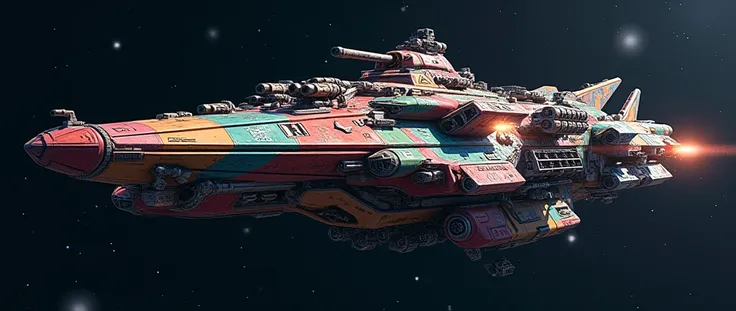 An full image of a long wide giant heavily armored futuristic flying all terrain warship, covered in rainbow batik pattern and glowing javanese runic symbols, multiple turrets, multiple missile banks, VTOL thrusters, retractable center cannon, space backgr...