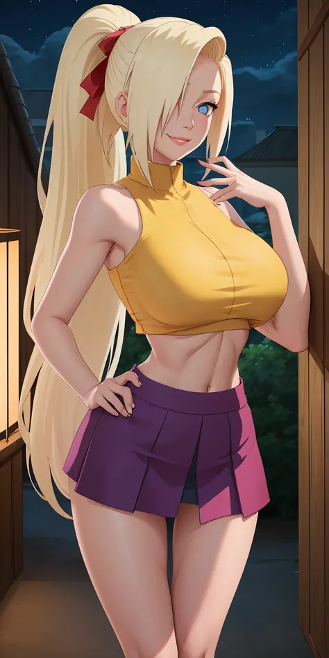 masterpiece, best quality, extremely detail 8k cg, high resolution, 1girl, solo, mature female, Skirt_InoYamanaka_ownwaifu, blonde hair, blue eyes, hair over one eye, large breasts, long hair, ponytail, crop top, midriff, miniskirt, bare shoulders, bow, pu...