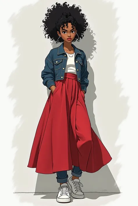 Black anime, curly black hair tied in a bun, wearing a red saia jeans and white sneakers 