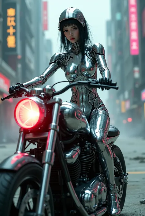 Hajime Sorayama Style、A chrome-clad android woman riding a motorcycle、A beautiful woman with only a face