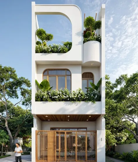 the house has 2 floors and 1 attic with a terrace. tall and narrow with modern design, steel gates and wooden details. the outsi...