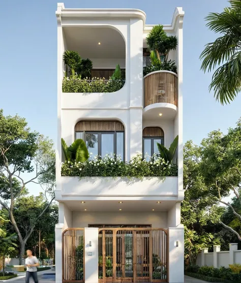 the house has 2 floors and 1 attic with a terrace. tall and narrow with modern design, steel gates and wooden details. the outsi...