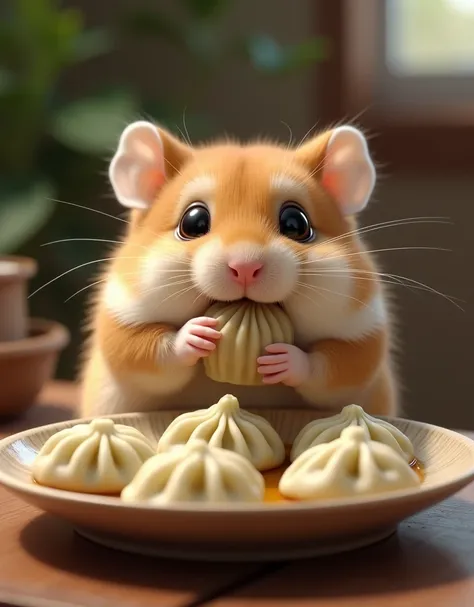 masterpiece, best quality, Photorealistic, realistic, photograph, Hamster eating dumplings