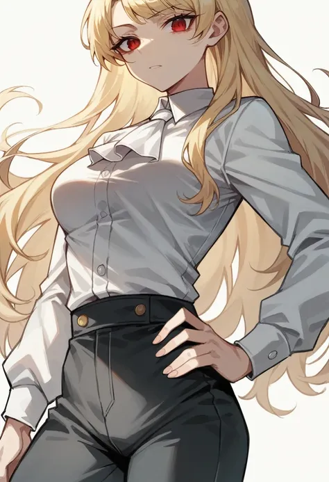 1girl, cloudy eyes, red eyes, white ruffle blouse, long sleeves, white ascot, black pants, dress pants, close-up, perfect body, perfect anatomy, white background, light blonde hair, slicked back bangs, long hair, hand on hip, looking at viewer, medium brea...