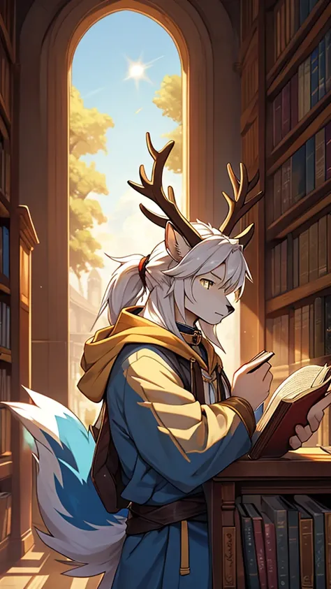 Lean, white hair, blue tail, golden eyes, [golden eyes], round collar hoodie, white fur,[deer boy] ，[Golden antlers], leaning against this Wall, expressionless, Folding fan, long hair, low ponytail, mullet head, Library，Read a book，Mage，Sunshine，masterpiec...