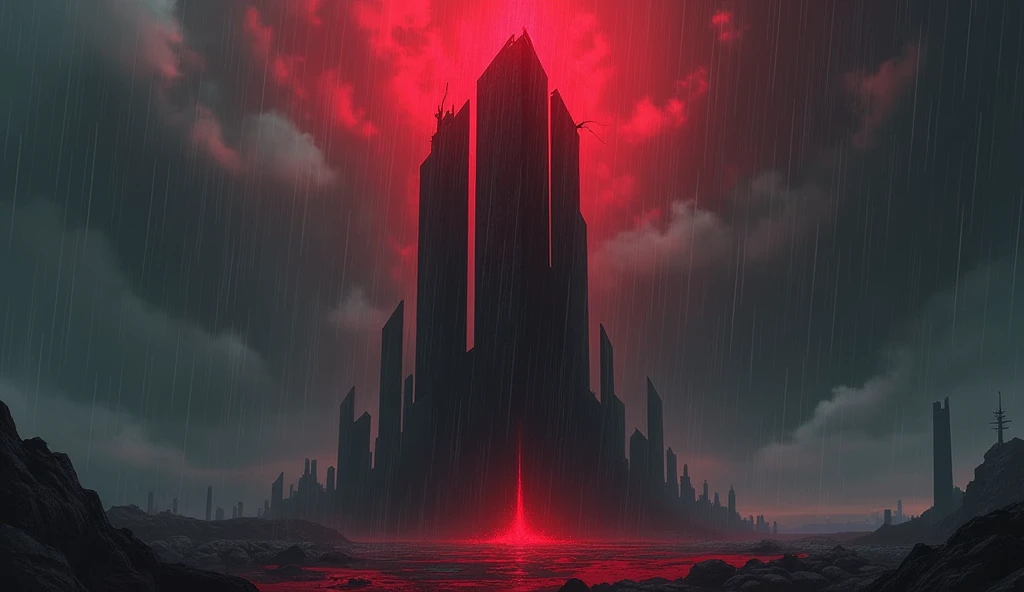 Blood rain falls on the steel tower