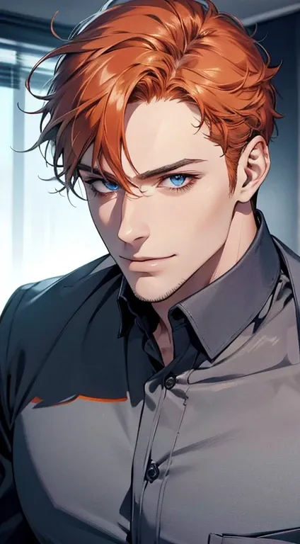 (best quality,4k,8k,highres,masterpiece:1.2),ultra-detailed,(realistic,photorealistic,photo-realistic:1.37),1 man,31 years old,mature man,very handsome,without expression,smile,short orange hair,blue eyes,penetrating gaze,perfect face without errors,imposi...