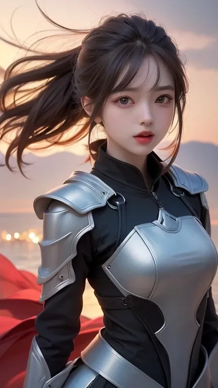 ((Hair blowing in the wind、No makeup:1.2))、(Realistic、Realistic、Very detailed、Best detailed skins、Please redeem、masterpiece、Super A high resolution)、Cute Russian Women、(whole body)、、Young female android、1 girl、Wearing metal armor、Red eyes、Near future city、...