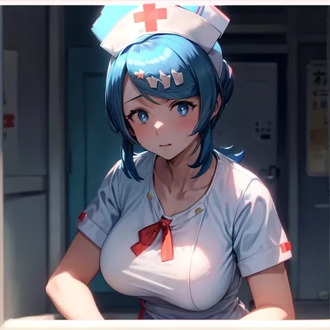 (((Nurse uniformから出ている陰茎)))　Nurse uniform　Blue Hair　Women with growing penises　Large Breasts　