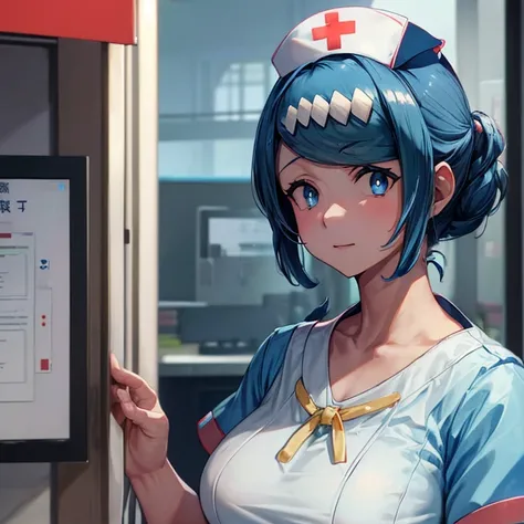 (((Nurse uniformから出ている陰茎)))　Nurse uniform　Blue Hair　Women with growing penises　Large Breasts　