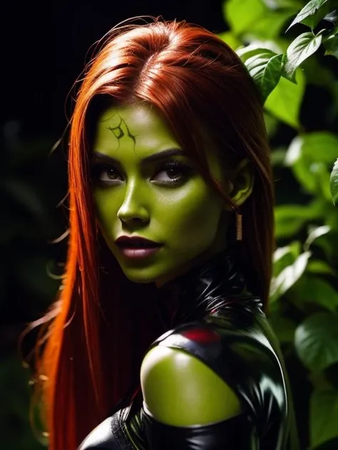 a gorgeous fiery-haired woman (Cristy Ren) as a wicked naughty poison Ivy, green leather outfit with boots and gloves, (in night light:1.2), villainess, vines, backlit, perfect make-up, cinematic, realistic, tight hairstyle, high contrast, visually rich,, ...