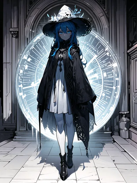 (masterpiece,best quality,ultra-detailed),1girl,medium long hair,blue hair,bibrant color hair,white witch hat,white witch outfit,beautiful and detailed face, detailed eyes,in a ancient ruin of black stone,cloudy, night, shadow, darkness(grey theme),looking...