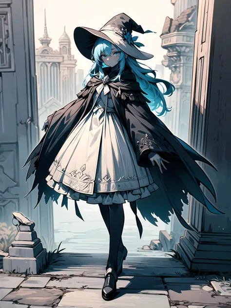 (masterpiece,best quality,ultra-detailed),1girl,medium long hair,blue hair,bibrant color hair,white witch hat,white witch outfit,beautiful and detailed face, detailed eyes,in a ancient ruin of black stone,cloudy, night, shadow, darkness(grey theme),looking...