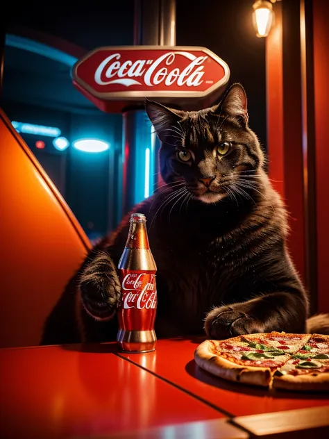 a close-up portrait of a big cat, futuristic sci-fi environment, the cat is eating a pizza and drinking coca-cola, cinematic com...