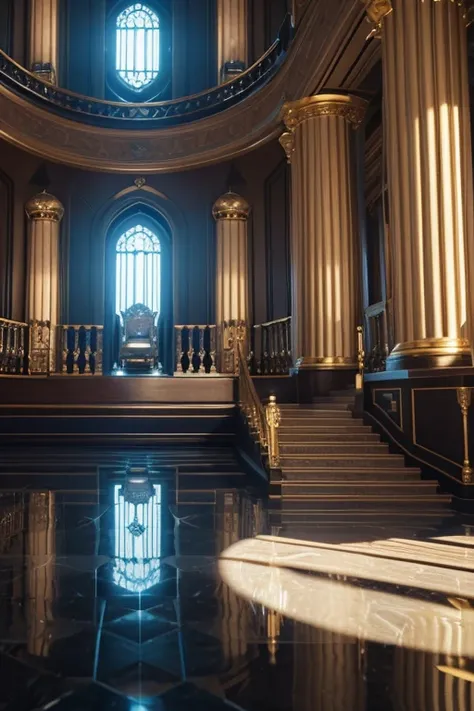 there is a large room with a staircase and a circular staircase, futuristic persian palace, cgsociety unreal engine, exquisitely designed throne room, unreal engine render, unreal engine 5 : :, futuristic palace, rendered in lumion, unreal engine hd render...