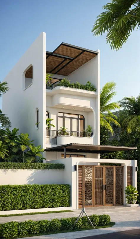 the house has 2 floors and 1 attic with a terrace. tall and narrow with modern design, steel gates and wooden details. the outsi...