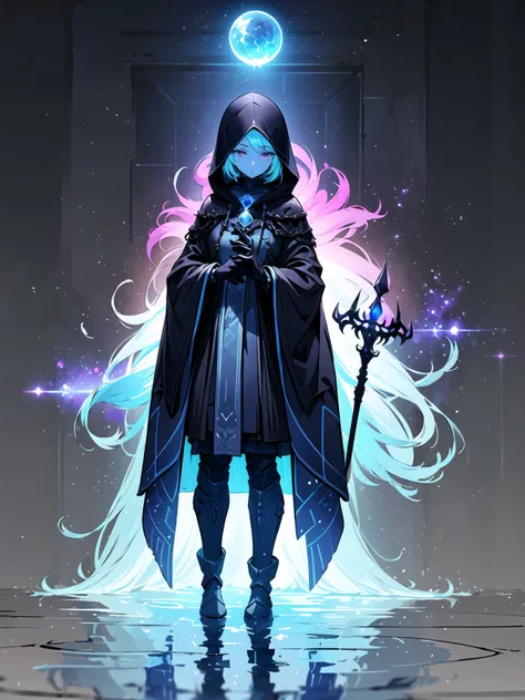 (((masterpiece, best quality, high detailed, 8k))) full-body shot of a hooded girl with a perfect face, standing on a reflective ground. She is holding a source of blue and purple light energy, with many particles surrounding her. The environment is dark a...