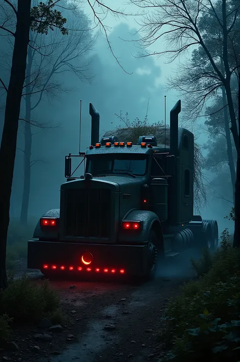 Kenworth W900, abandoned in the forest, covered with small trees, Dark atmosphere, shrouded in bushes. night time, darkness, DEEP NIGHT, Dark atmosphere, demon truck, power, There is a red light coming from under the truck, There is heavy black smoke comin...