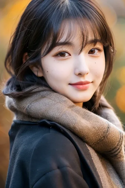 Best Quality,8k, Detailed facial depiction, Detailed description of the eyes, Black Hair(Wavy shoulder-length hair),Beautiful Korean, 21 years old, ((Mole around the mouth)),Autumn/Winter Fashion, Model,Cute photo poses，A faint smile, Attention to detail, 