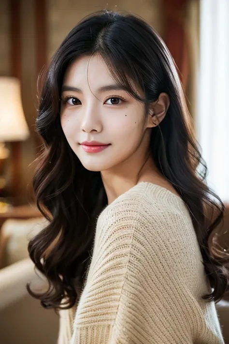 Best Quality,8k, Detailed facial depiction, Detailed description of the eyes, Black Hair(Wavy shoulder-length hair),Beautiful Korean, 21 years old, ((Mole around the mouth)),Fall Fashion, Model,Cute photo poses，A faint smile, Attention to detail, Luxurious...