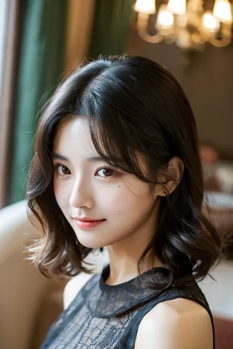 Best Quality,8k, Detailed facial depiction, Detailed description of the eyes, Black Hair(Wavy shoulder-length hair),Beautiful Korean, 21 years old, ((Mole around the mouth)),Fall Fashion, Model,Cute photo poses，A faint smile, Attention to detail, Luxurious...