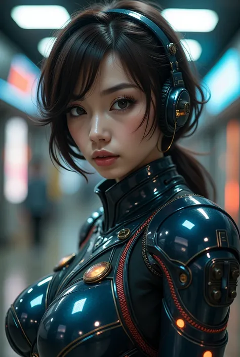 a professional photography very beautiful Japanese futuristic soldier, famous Japanese idol, dramatic scene, masterpiece, beautiful eyes, cyber punk, she is wearing a glossy intricated complex mecha hard armor suits with neon sign, acrobatic pose, dynamic ...