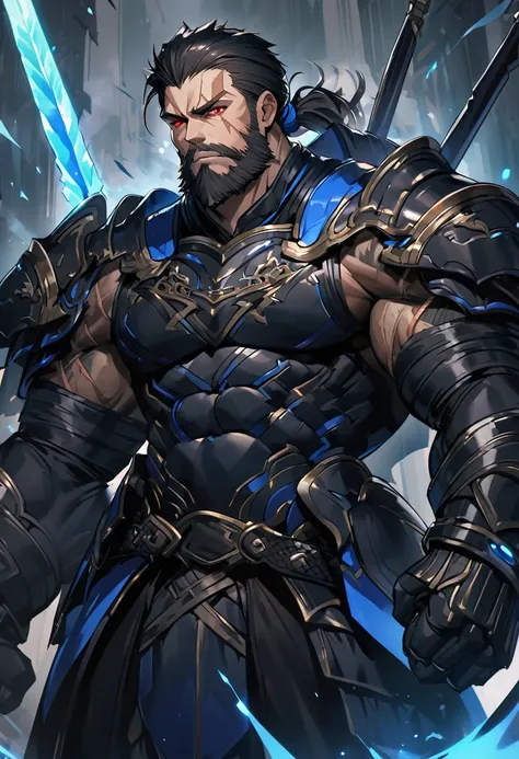 Appearance: Murdock has intense red eyes and long black hair tied in a ponytail. He has a beard and a scar on his left cheek. He is tall and muscular, with an intimidating appearance. He wears black leather armor with blue accents, and carries two blue swo...