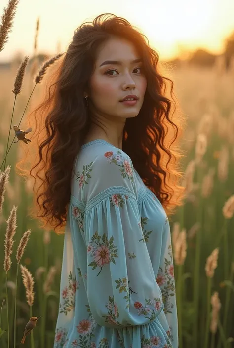 a perfect beautiful woman with long curly brown hair blowing in the wind  , face turned towards the camera wearing a long light blue floral patterned shirt , standing among the very tall weeds ,many small birds perched on the grass, in the morning the sun ...