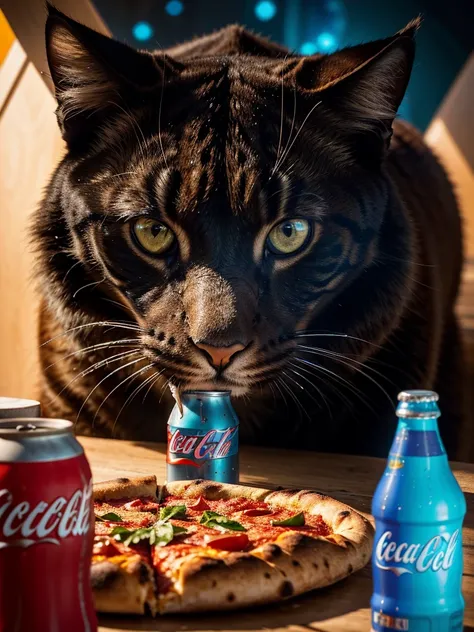 A close-up portrait of a big cat, futuristic sci-fi environment, the cat is eating a pizza and drinking Coca-Cola, cinematic composition, vibrant colors, hyper-detailed, photorealistic, 8k, masterpiece