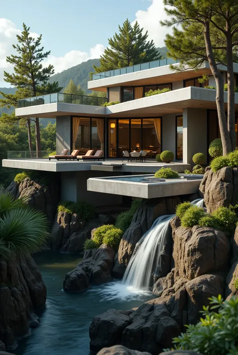 Design a high-fidelity, ultra-quality architectural masterpiece inspired by Fallingwater. The building should feature a series of cantilevered platforms extending over a modern landscape, with sleek, minimalist lines and materials like glass, steel, and na...