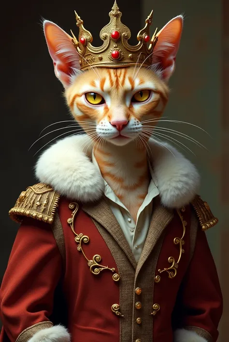 Pale orange cat, skinny, pointed, with slanted and yellow eyes, short short hair, like a medieval king, with his crown and suit

