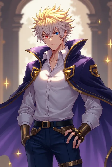 create an adult anime character(man) with golden and white spiky hair, her eyes have different colors, one side is red and the other a mix of blue and gold. His clothes are a white formal blouse with a kind of small cloak over the chest in dark purple with...